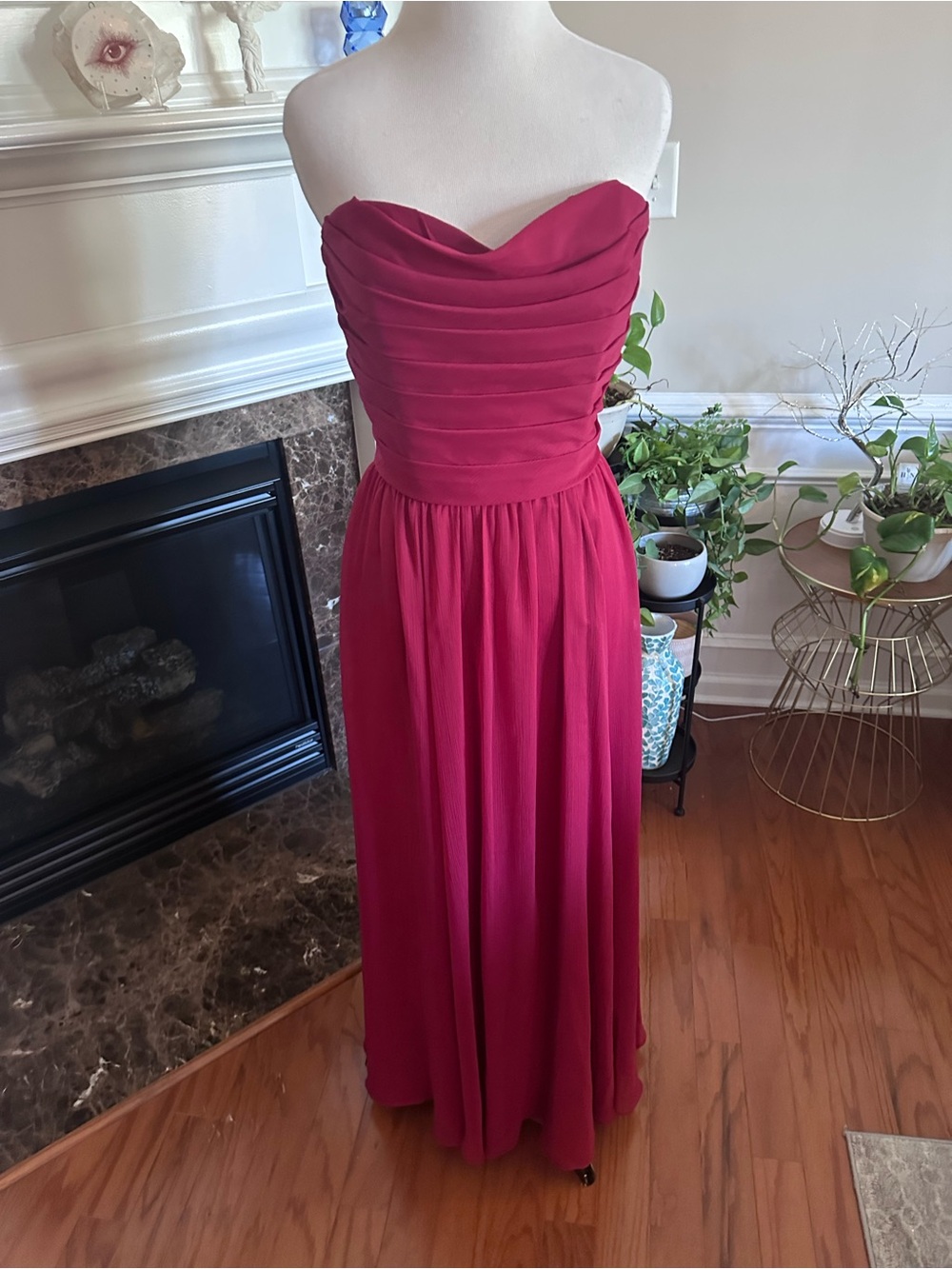 Strapless Raspberry Red Crinkle Chiffon Evening Dress sz12